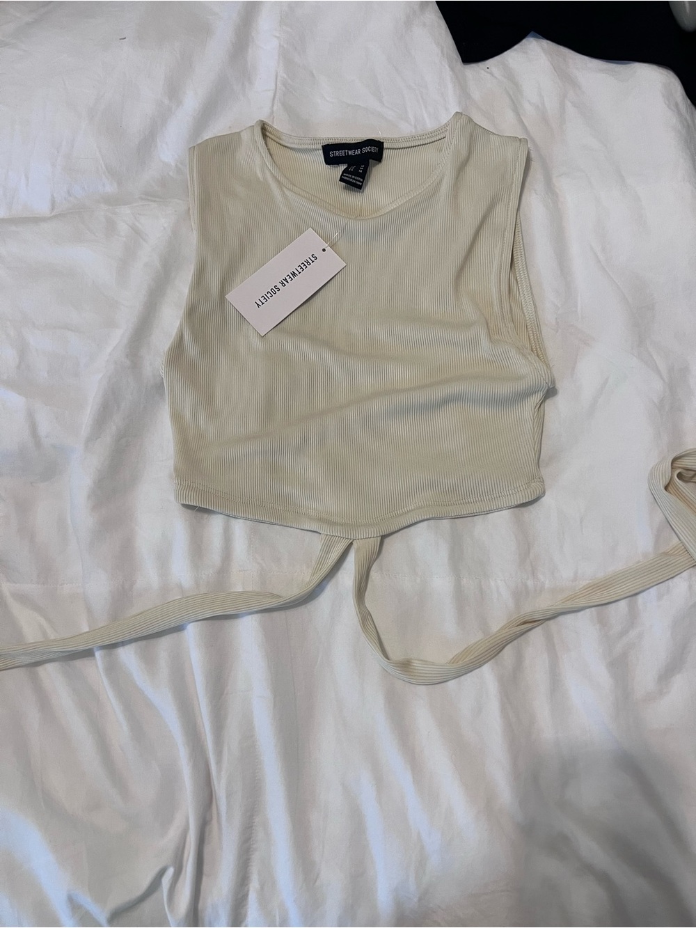 Streetwear Society Cream Ribbed Tie-Back Crop Top